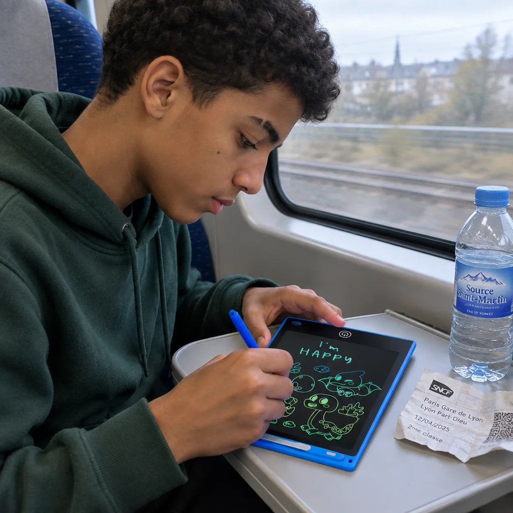 A square real-life photograph in a French train seat by the window: a fifteen-year-old boy with medi
