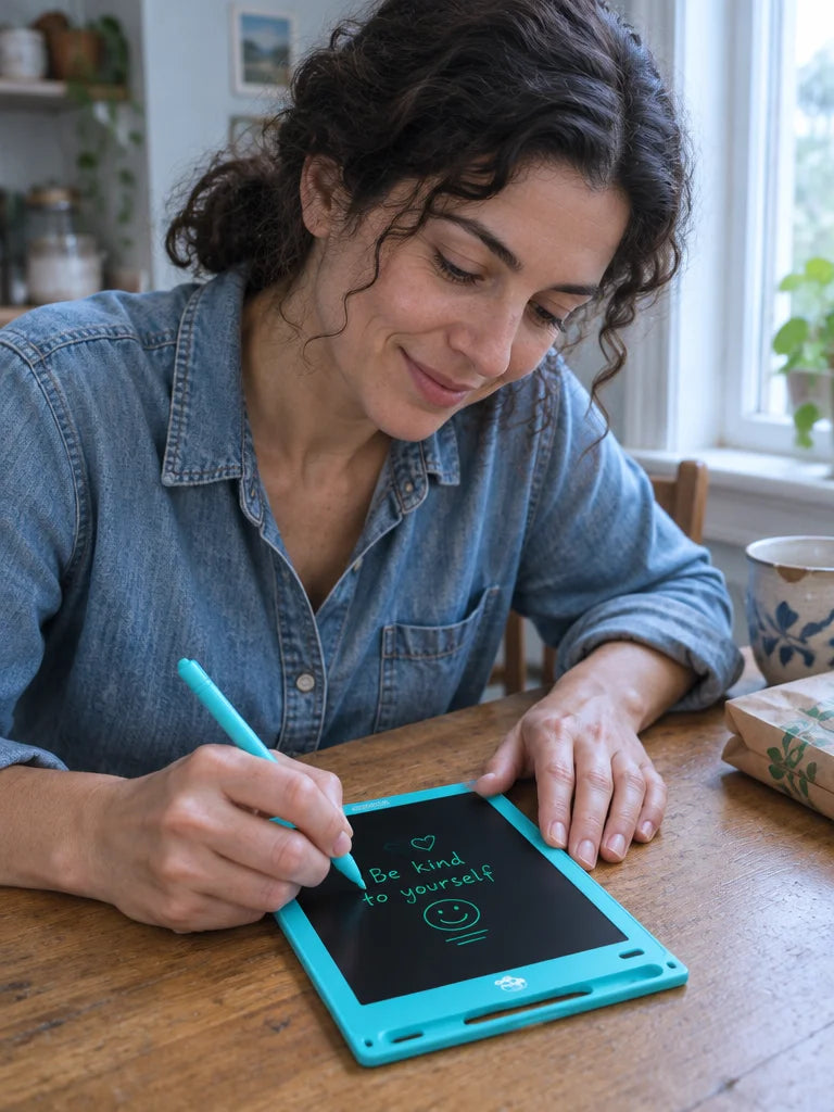 A close portrait-format photograph at a small home table: the thirty-six-year-old woman with fair sk