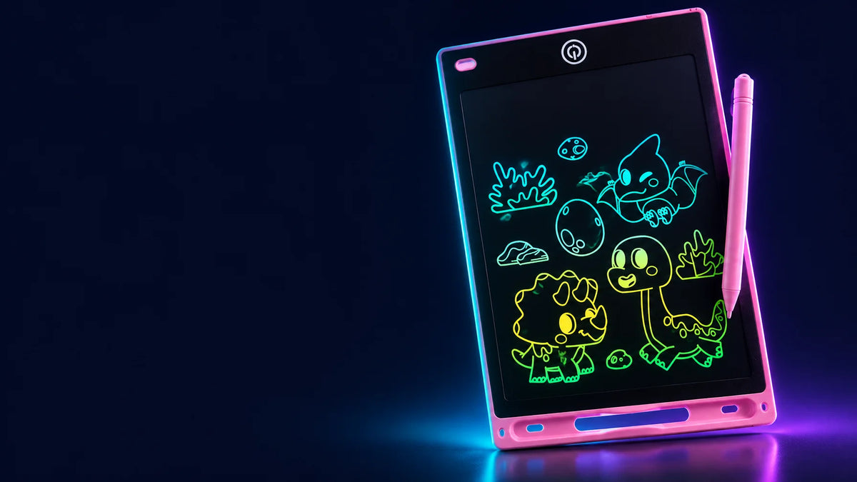 A cinematic tech hero photograph of the exact slim pink LCD drawing tablet from the reference, its b