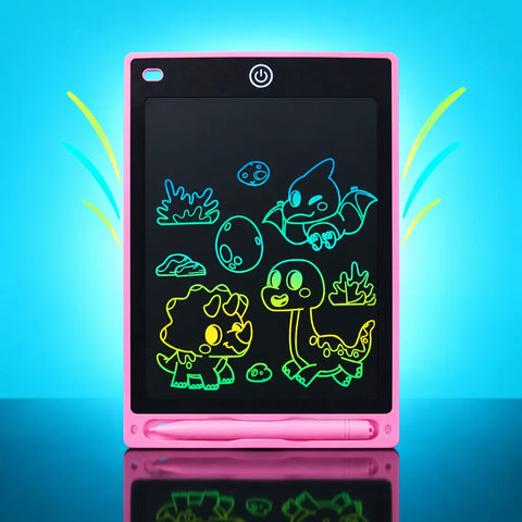A constructed tech-studio photograph of one exact pink LCD drawing tablet from the reference, front-