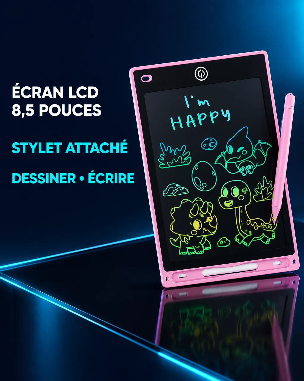 A graphic poster built over a constructed tech-studio image: the exact pink LCD drawing tablet from