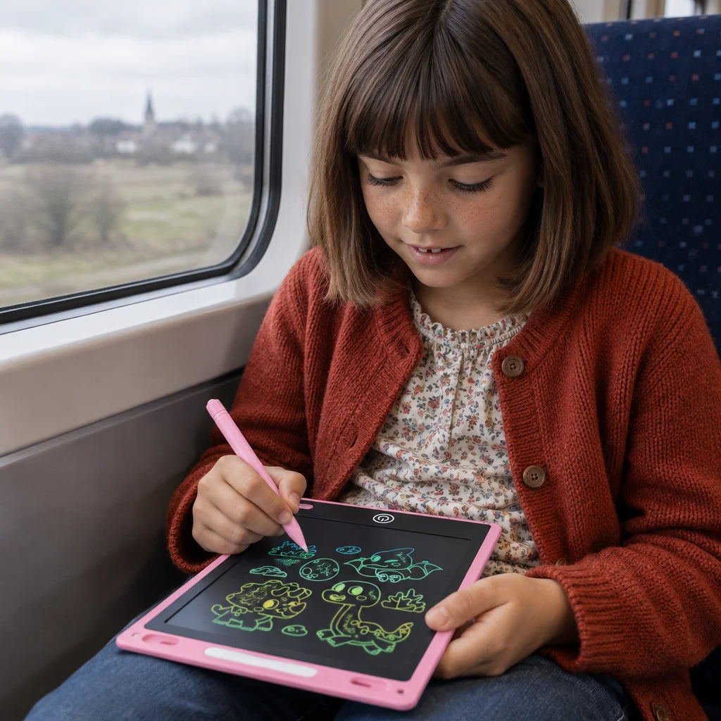 A square real-life photograph inside a French regional train carriage: a nine-year-old girl with lig