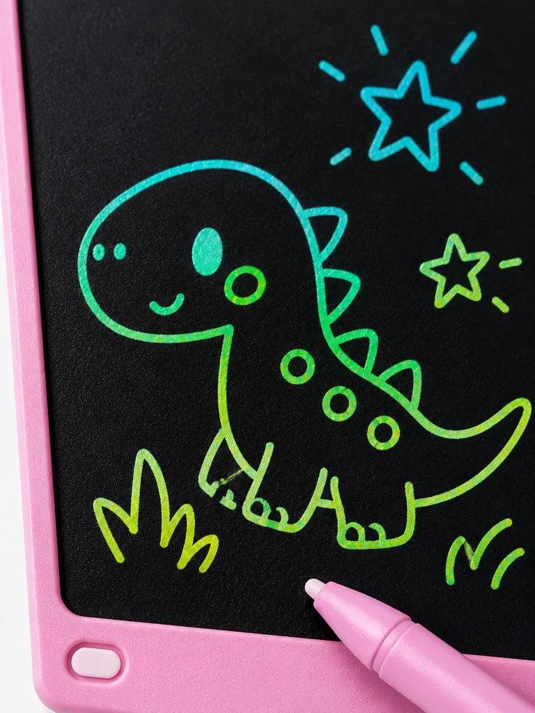 An extreme close-up macro of the black LCD drawing surface on the exact pink tablet from the referen