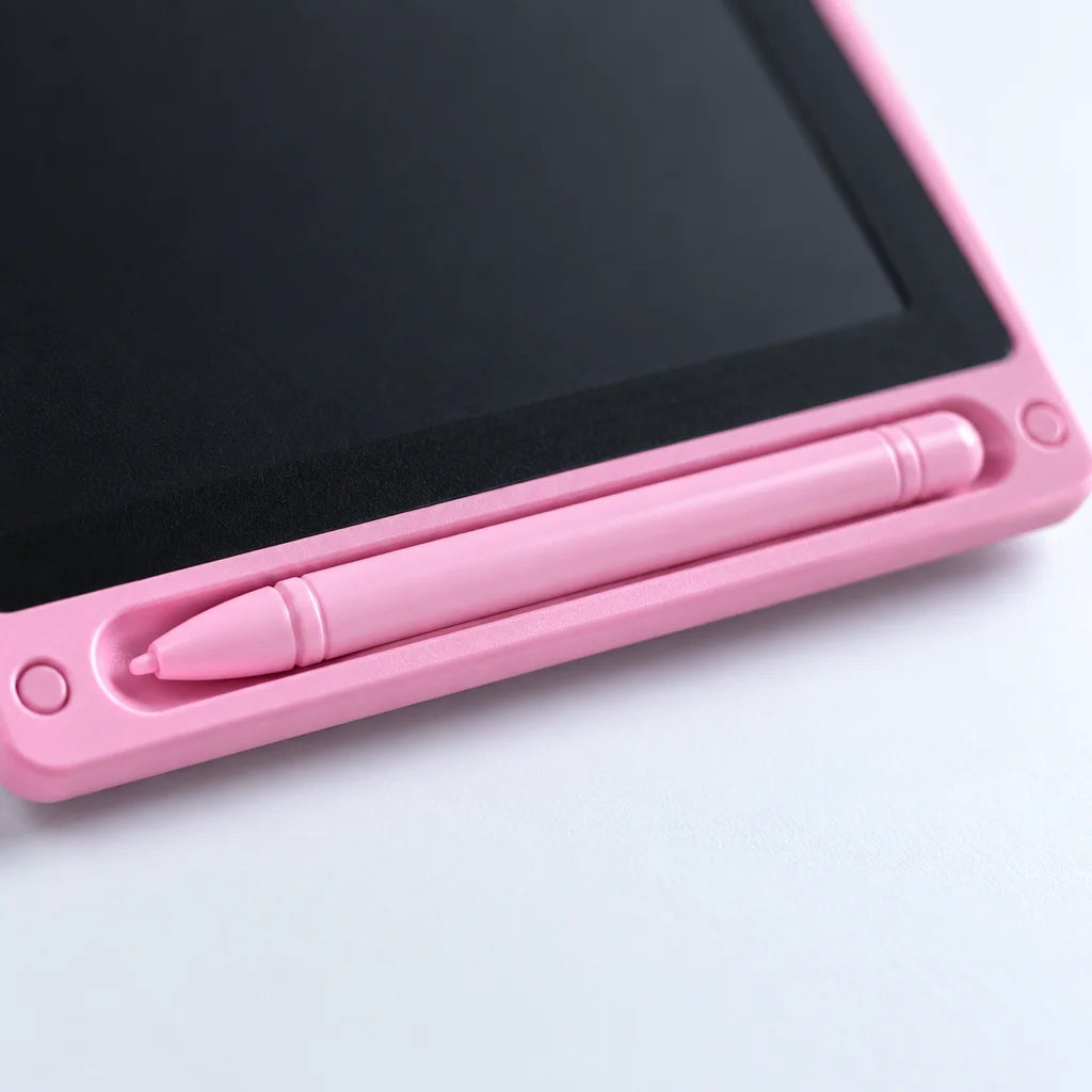 A macro product photograph of the exact pink tablet's lower frame and attached matching stylus, usin
