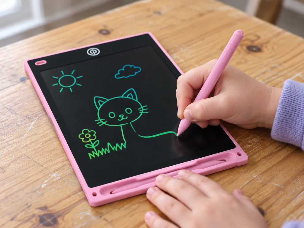 A close, oblique usage photograph of the exact pink LCD drawing tablet from the reference on a scrat