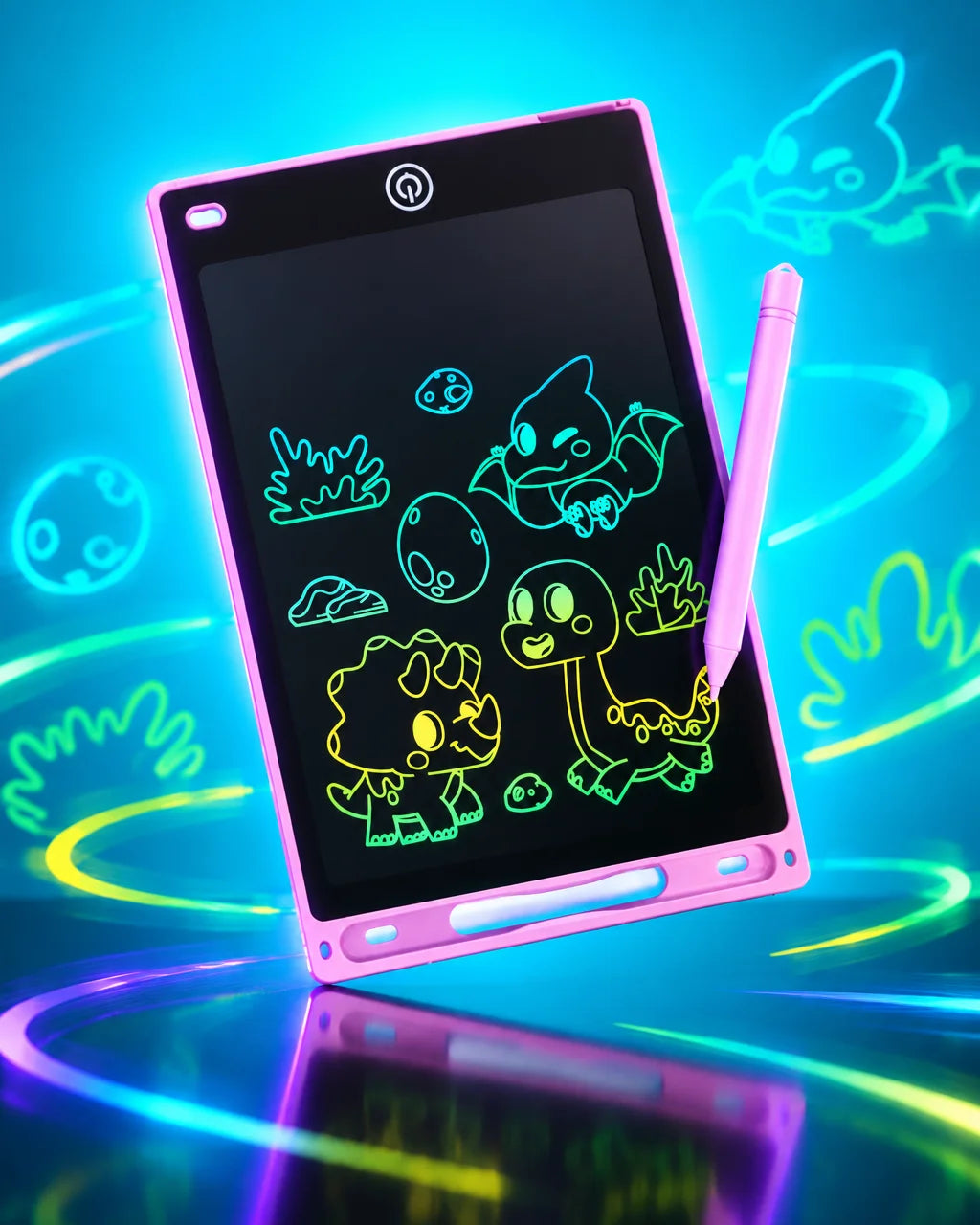 A constructed tech-studio burst photograph of the exact pink LCD drawing tablet from the reference,